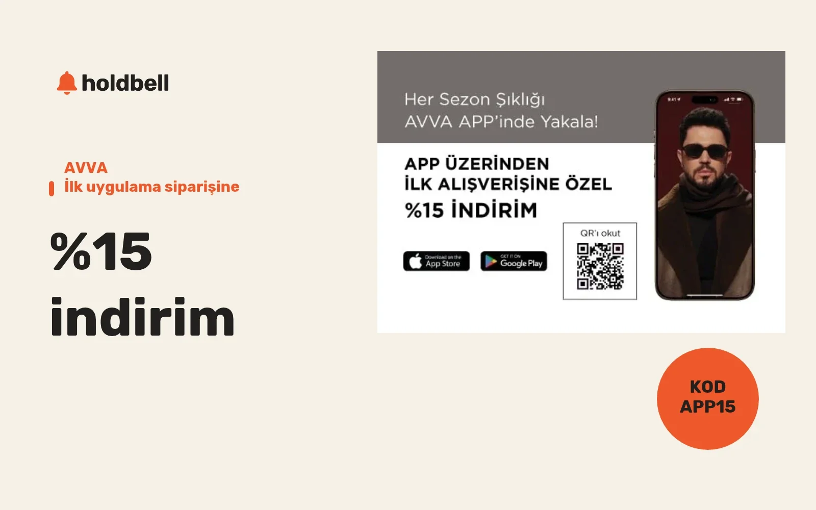 AVVA ilk mobil uygulama alışverişine yüzde 15 indirim kampanyasının resmî moda ve telefon görseli; kod APP15.