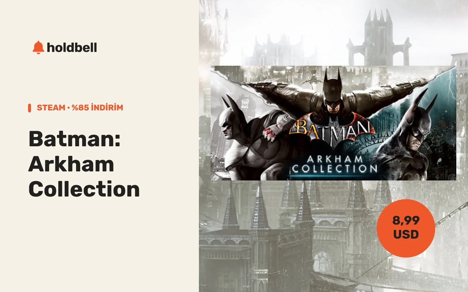 Batman: Arkham Collection paketinin resmî Steam kapak görseliyle hazırlanmış HoldBell kapağı; yüzde 85 indirim, 8,99 USD.