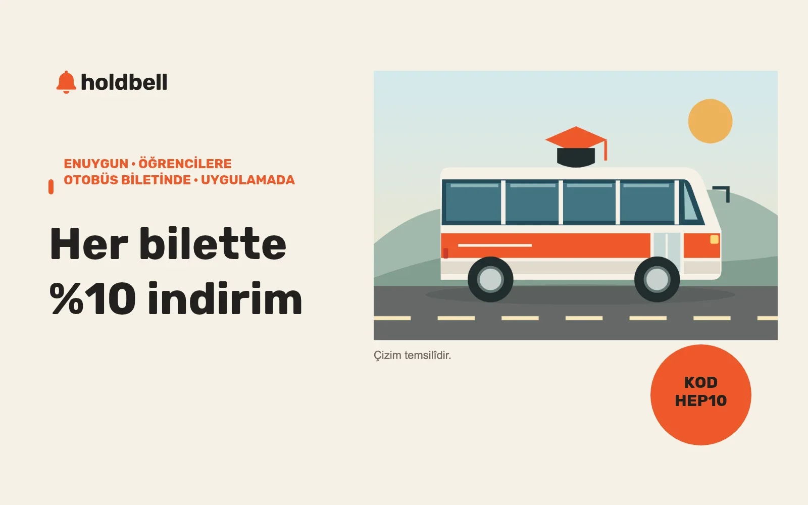 Üniversite öğrencilerine ENUYGUN otobüs biletlerinde HEP10 ile %10 indirim — Temsili çizim.