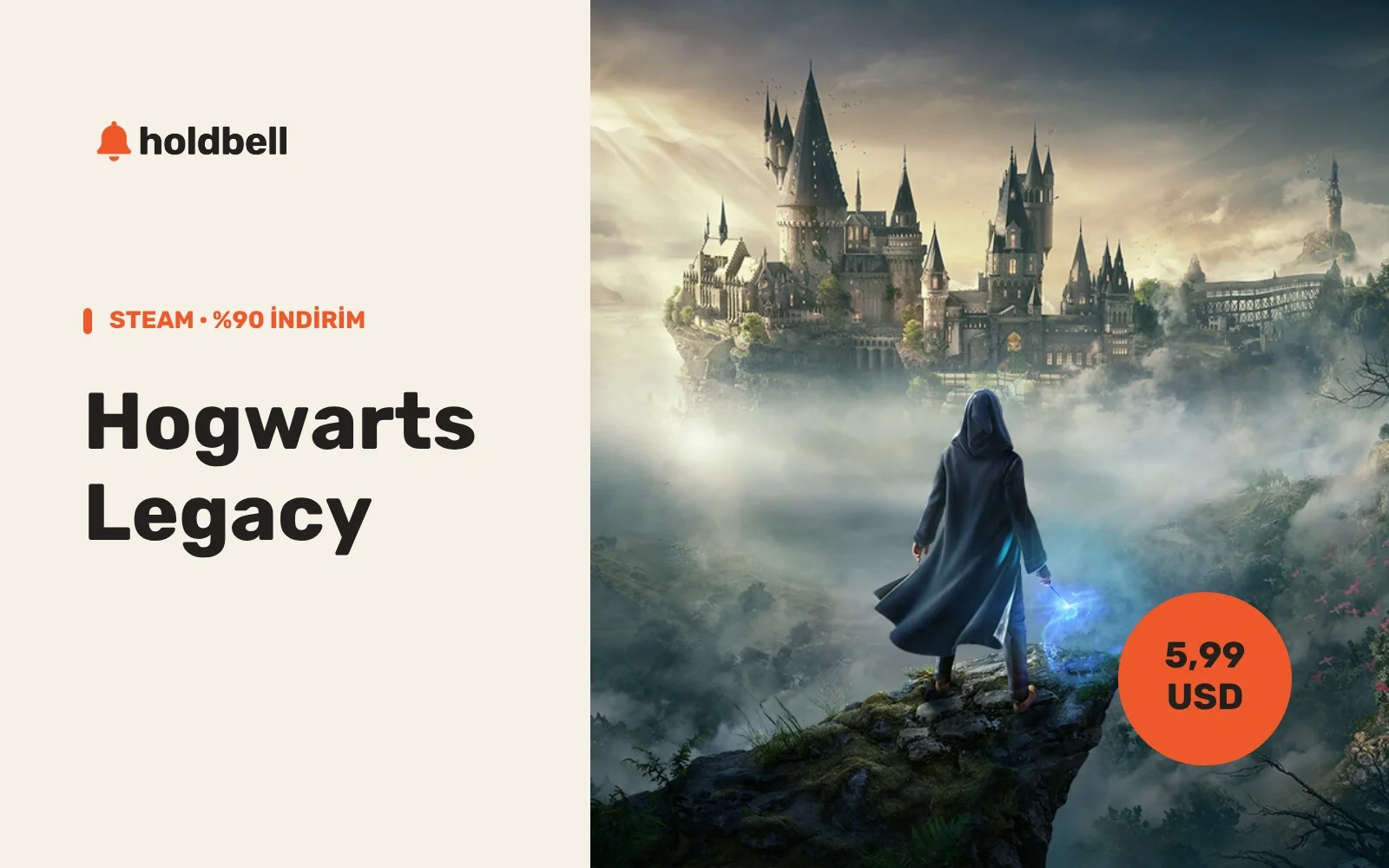 Hogwarts Legacy’nin resmî oyun görseli: Hogwarts Şatosu ve büyücü; Steam’de yüzde 90 indirim, 5,99 USD.