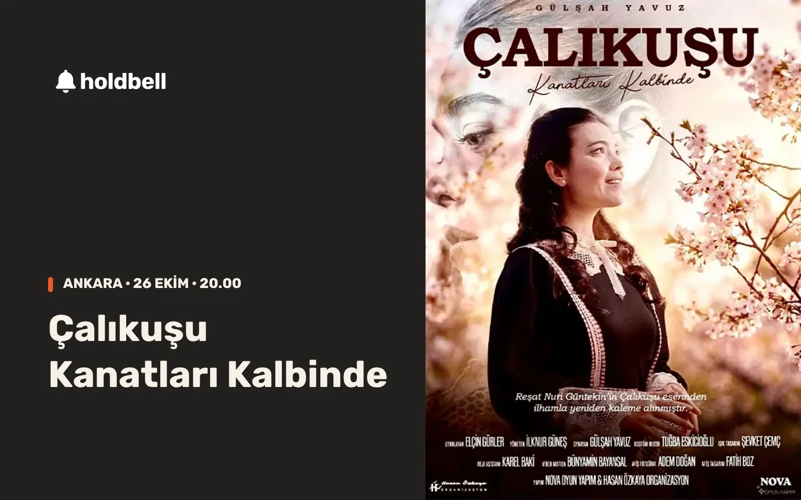 Çalıkuşu — Kanatları Kalbinde oyununun Gülşah Yavuz’lu resmî afişi; Ankara, 26 Ekim 2026 saat 20.00.